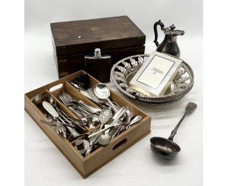A collection of various silver plated items including large continental ladle along with a writing slope (A/F)