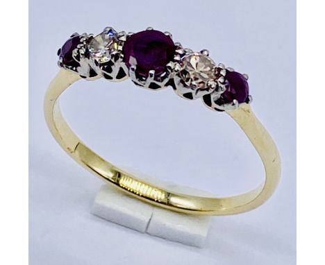 A ruby and diamond 5 stone ring set in unmarked 18ct gold, size R