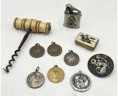 A small collection of items including bone handled corkscrew, Royal Horse Artillery lighter, large oriental cloisonne button 