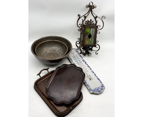 A collection of items including stained glass lantern, copper bowls, wooden trays, ceramic thermometer etc.