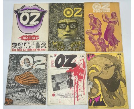A near complete run of 46 London edition OZ magazines (missing 1 &amp; 3) with illustrations throughout and numerous posters 