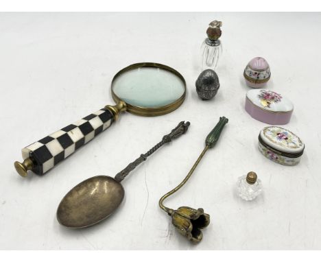 A small collection of items including large magnifying glass with hardstone handle, Limoges trinket pot etc.