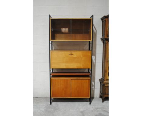 A bay of Staples Ladderax, with a display cabinet, shelf, bureau and cupboard under - length 93.5cm, depth 36cm, height 201cm