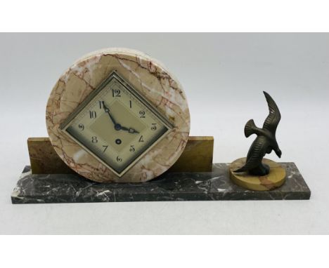 An Art Deco marble mantle clock with seagull finial - overall length 40cm