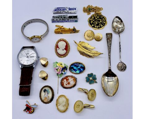 A small collection of costume jewellery, watches etc. including a silver framed cameo brooch, silver spoons and a Rotary watc