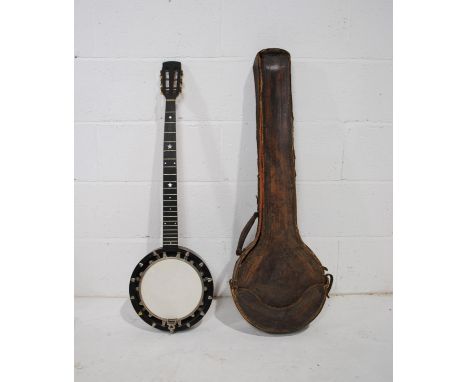 A vintage zither banjo named to 'J. E. Dallas', with leather case - no strings