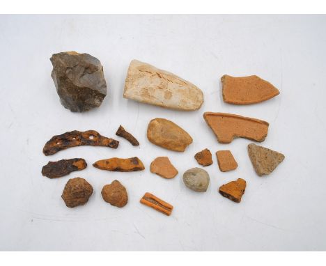 A collection of archeological and geological finds, including a chert core, axe heads, pottery shards, horseshoe etc.