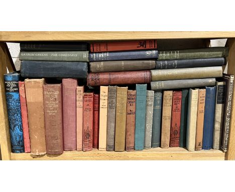 A collection of mainly first edition novels (no dust jackets) including Graham Greene, Jerome K Jerome, P.G Wodehouse, Lawren