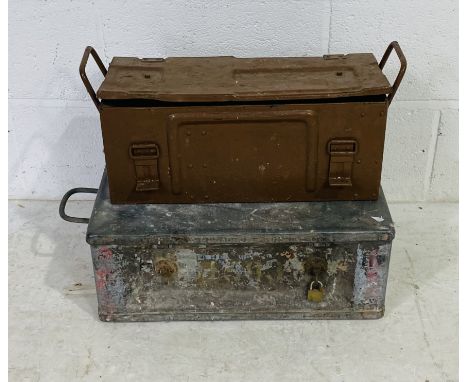 Two vintage ammo boxes with side handles both containing a selection of hand tools. 
