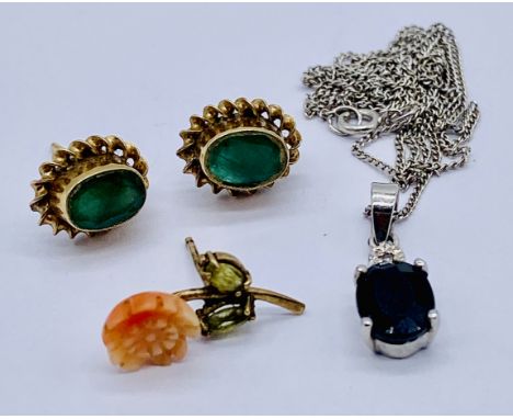 A collection of 9ct jewellery including pair of jade earrings, white gold necklace and pendant etc