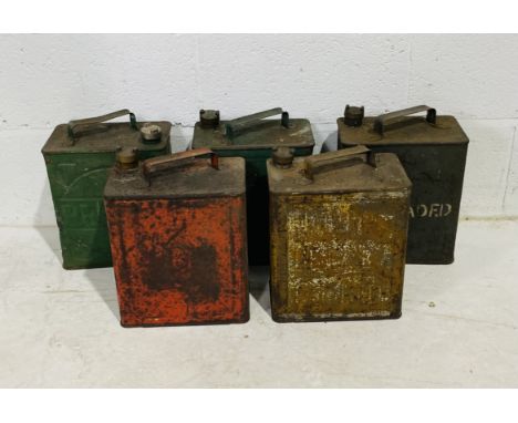 A collection of five vintage petrol cans including Pratts, Esso etc