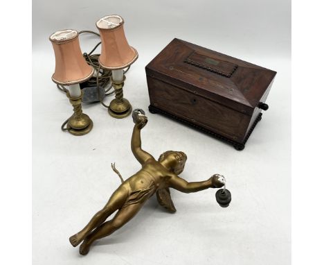 A collection of items comprising of an inlaid tea caddy with two interior boxes and glass tumbler, cherub light fitting, and 