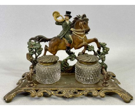 BRADLEY &amp; HUBBARD VICTORIAN GILDED &amp; PAINTED CAST METAL INK STAND - the back modelled as a huntsman and horse, twin g