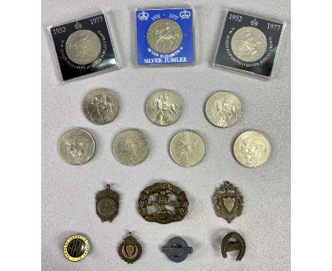 COMMEMORATIVE CROWNS, HALLMARKED SILVER FOBS &amp; BADGES GROUP - badges include a vintage plastic heat light power fuel watc