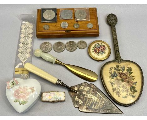 EPNS PRESENTATION TROWEL BY WALKER &amp; HALL, vintage coinage and collectable crowns and a selection of other collectables, 