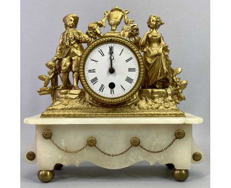 FRENCH NEO CLASSICAL STYLE GILDED SPELTER FIGURAL MANTEL CLOCK - Late 19th Century, figure of a boy and a girl to either side