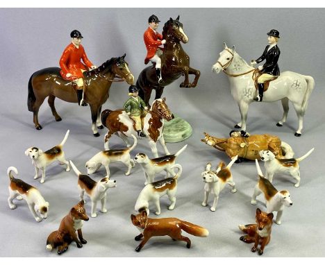 BESWICK HUNTING GROUP - huntsman on rearing horse 868, huntsman on bay horse 1501, huntswoman on dapple grey horse 1730, girl