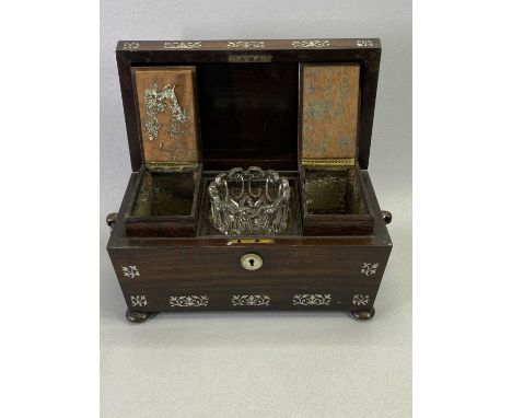 VICTORIAN ROSEWOOD SARCOPHAGUS FORM DOUBLE TEA CADDY - with mother of pearl inlay, interior fitted with two compartments with