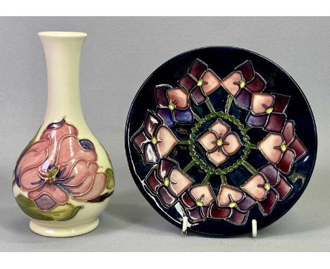 MOORCROFT PINK MAGNOLIA VASE - on cream ground with slender neck, impressed marks, 18cms H and a modern Moorcroft circular sh