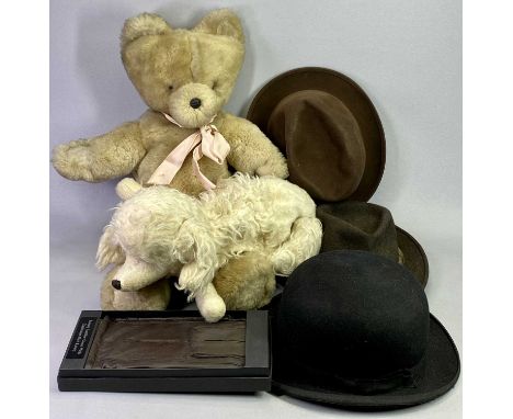 VINTAGE OZONIC LIGHT WEIGHT BOWLER HAT, Size 7 3/8, two vintage felt trilbies, vintage Teddy bear and pyjama dog, and also pa