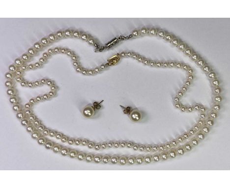 CULTURED PEARL SINGLE STRAND NECKLACES (2) and a Ciro pair of simulated pearl earrings, one necklace consists of 82 uniform p