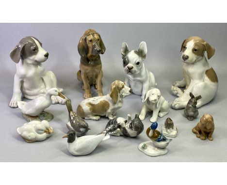 ROYAL COPENHAGEN ANIMAL FIGURES (15) - a seated Blood Hound, 23cms H, two seated puppies 20cms H, seated Basset Hound, 12cms 