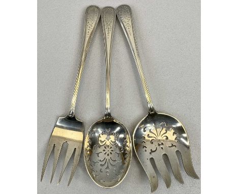 GORHAM AMERICAN STERLING SILVER 3 PIECE SERVER SET of pierced bowl fork and spoon along with a further fork, 23.5cms L the lo