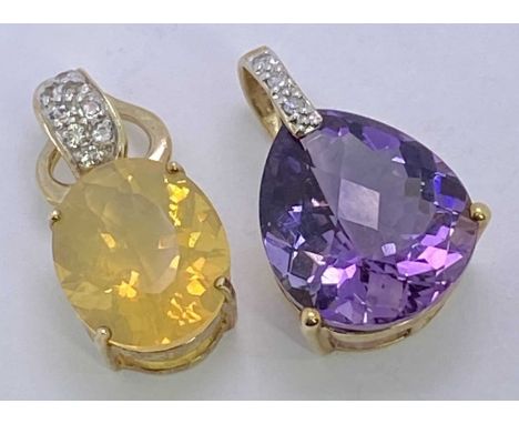 9CT GOLD PRECIOUS &amp; SEMI-PRECIOUS STONE SET PENDANTS (2) - one with oval citrine and small white sapphires in an open bac