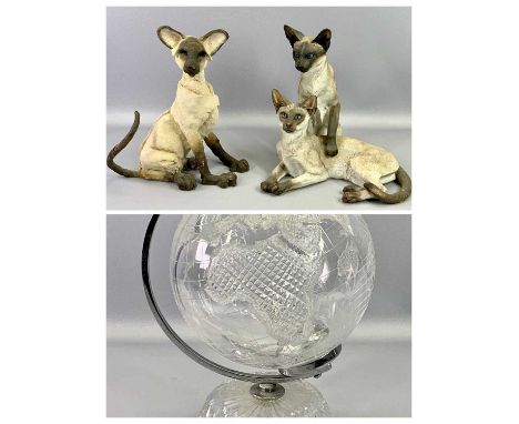 COUNTRY ARTIST MODEL OF A PAIR OF SIAMESE CATS and another similar model, 24cms the tallest, and, WATERFORD GLASS GLOBE - 30c