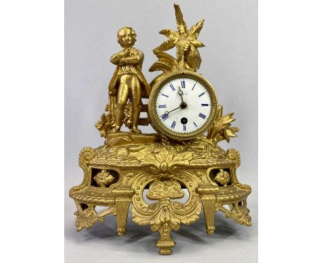 FRENCH NEO CLASSICAL STYLE GILDED SPELTER FIGURAL MANTEL CLOCK - Late 19th Century, figure of a man to the side of the drumhe