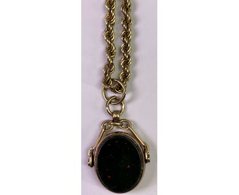 VINTAGE 9CT GOLD HARDSTONE SWIVEL FOB - on a 9ct yellow gold multi-link rope twist necklace, 32 x 21mm the fob, 64cms L the n