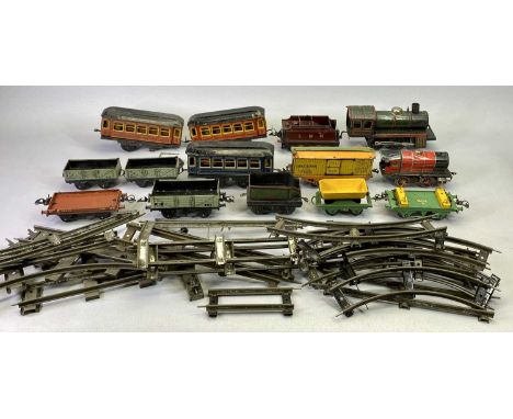 VINTAGE O GAUGE TIN PLATE CLOCKWORK LOCOMOTIVE WITH TENDER, one other tender, three carriages, Pennsylvania goods wagon, boxe