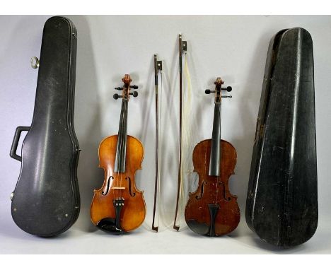 VIOLIN - The Maidstone with 37cms back and another with label 'Stradivarius' 37cms back, both with a bow and in cases