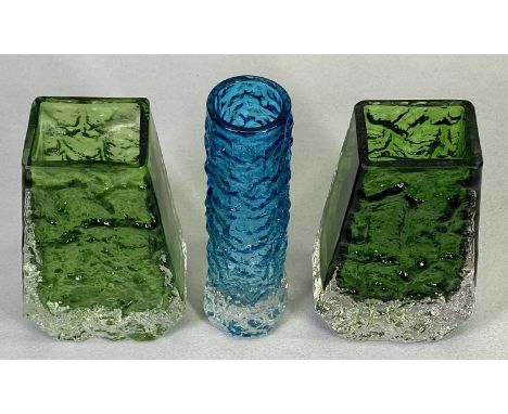 WHITEFRIARS TEXTURED RANGE GLASS - pair of 29686 coffin vases in meadow green, 13cms H and a 9729 finger vase in kingfisher b