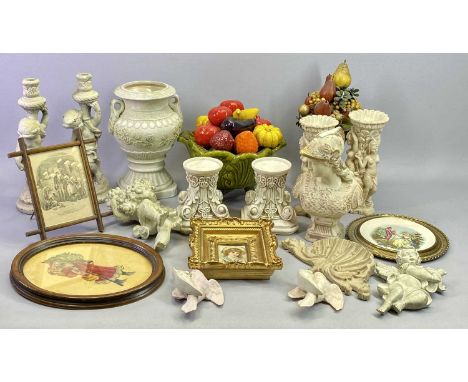 DECORATIVE ORNAMENTS - to include an Italian style ceramic bowl containing fruit, 23cms H, two figural composite vases, 22cms