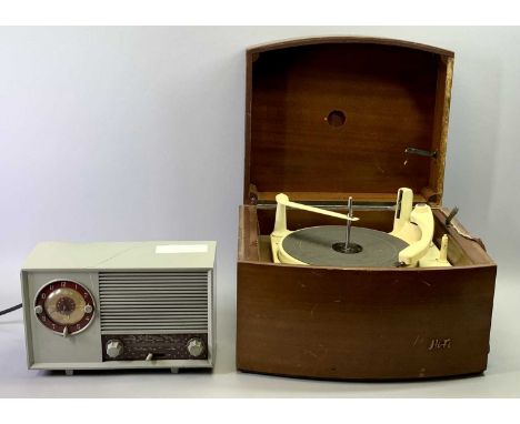 A PYE 1950s TABLETOP RECORD PLAYER WITH MONARCH TURNTABLE - 28cms Hm 43cms W, 36cms D and a 1950s Ekco Model A244 clock radio