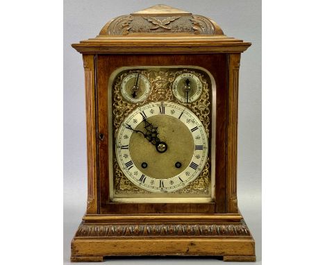 GERMAN WALNUT CASED MANTEL CLOCK - Late 19th/Early 20th Century by Winterhalder &amp; Hofmeier, the domed case with fret pier