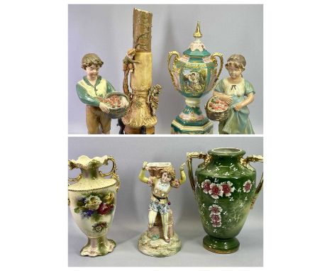 DECORATIVE CHINAWARE - a large panelled two handle vase on stand, panels decorated with figures, with cover, 58cms H, pair of