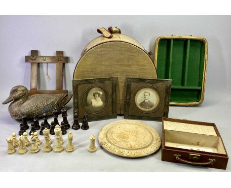 VINTAGE CANVAS J C HIGGINS 'LIFE LIKE' DUCK DECOY, 34cms L, an olive wood picture frame inlaid with swallows, 29 x 23cms, a p
