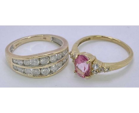 9CT GOLD DRESS RINGS (2) - to include a double row diamond ring having 18 inline set stones, approx diamond weight 36.2pts, S