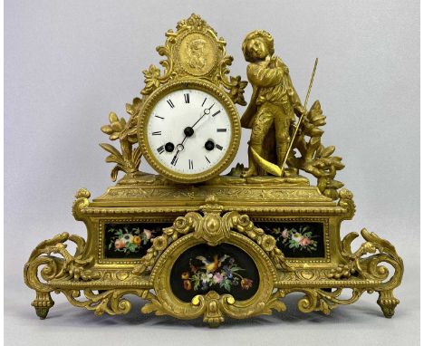 FRENCH NEO CLASSICAL STYLE GILDED SPELTER FIGURAL MANTEL CLOCK - Late 19th Century, figure of a boy with scythe to the side o