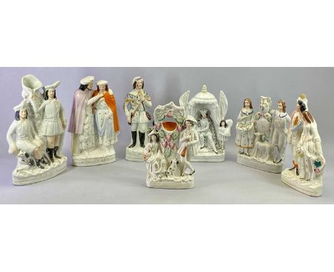 STAFFORDSHIRE FLATBACK FIGURES (7) - Late 19th Century King John signing the Magna Carta, 32cms H, Gordon-Cumming, 35cms H, t