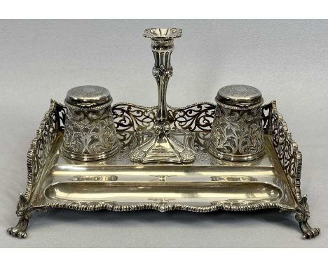 LONDON 1857 DESKTOP PEN &amp; INK STAND WITH CENTRAL CANDLESTICK - Makers Charles Thomas Fox and George Fox, having a pierced