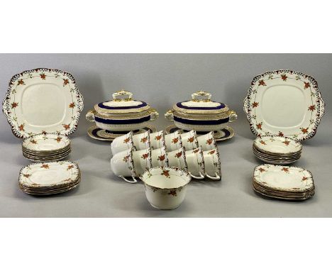 ROSLYN CHINA FLORAL DECORATED TEA SERVICE FOR 12 PERSONS and a pair of Royal Worcester Vitreous oval tureens with elephant's 