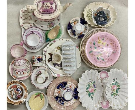 CERAMICS ASSORTMENT - 19th Century and later including Sunderland lustre teapot, cup and saucer and tankard, two Gaudy Welsh 