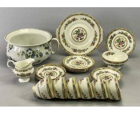 COALPORT MING ROSE - a tea service for 6 persons including 6 x cups, 6 x saucers, a sandwich plate, milk jug and sugar basin,