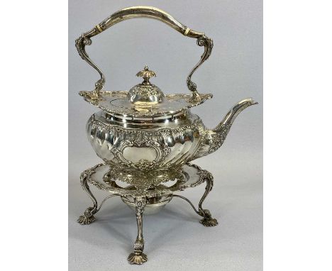 GEORGE V SPIRIT KETTLE ON STAND WITH BURNER - London 1910, Maker Phillip Hanson Abbot, Victorian style having scrollwork, cha