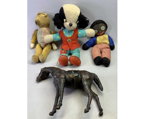 VINTAGE MOHAIR TEDDY BEAR, 43cms H, two other soft toys and a leather covered horse, 28cms H