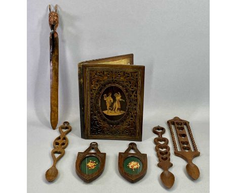 TREEN - 19th Century olive wood folder, oval panel to the centre inlaid with figures dancing, fret cut surround within a micr