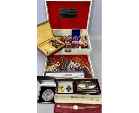 VINTAGE JEWELLERY BOX &amp; CONTENTS - Vaseline and hardstone necklaces, Celtic style brooches, gold tone and other pendants,